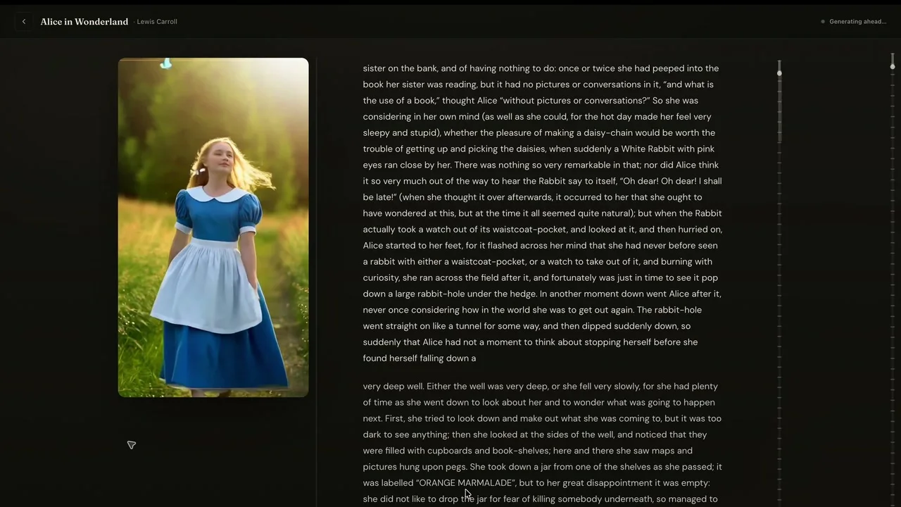 Kinora reader showing Alice in Wonderland with a generated cinematic scene