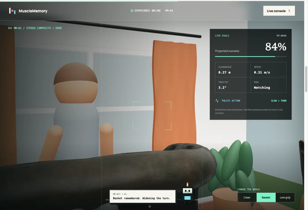 Muscle Memory household simulator with MM-01, a delivery task, sensor readouts, and policy evidence