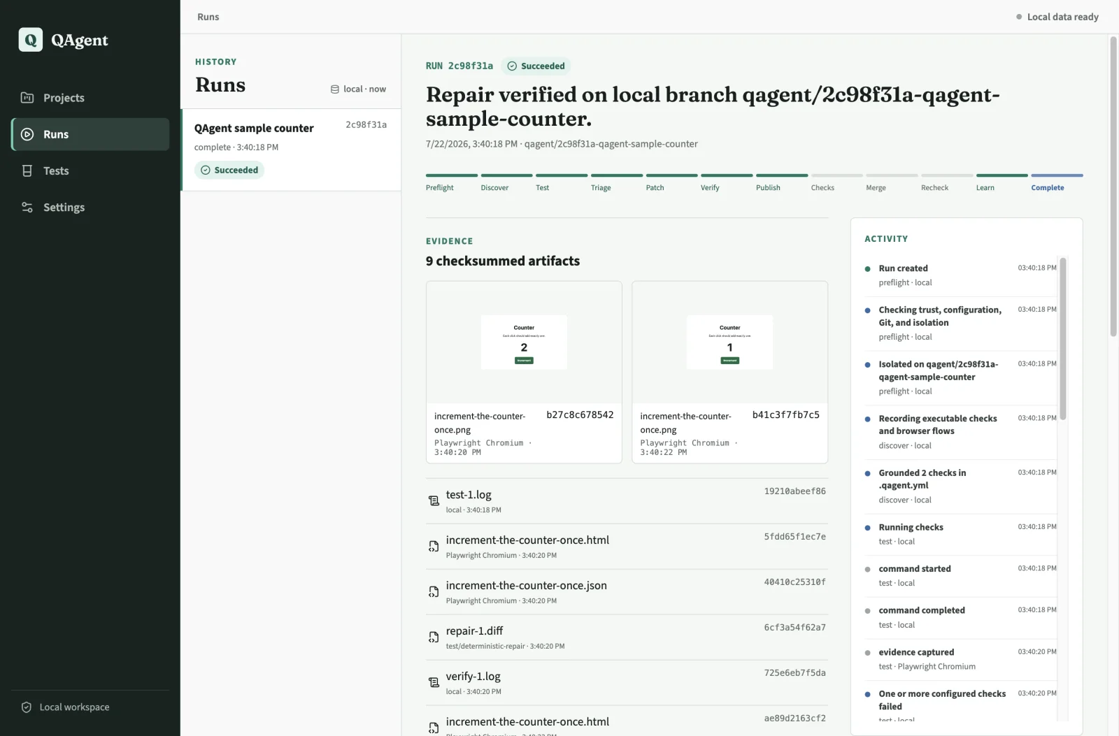 QAgent desktop app showing a verified repair and checksummed browser artifacts