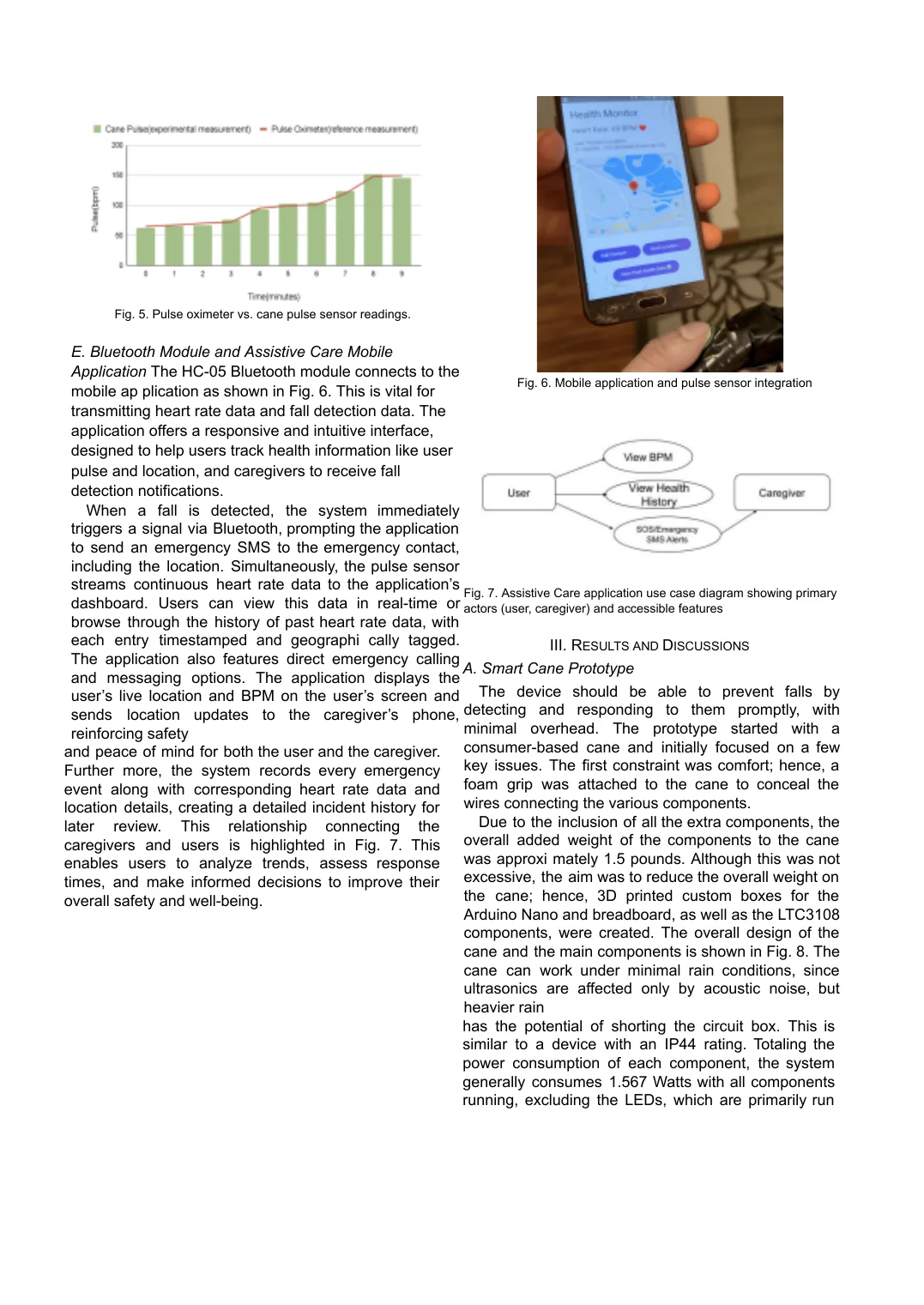 Page from the SmartCane COSITE paper showing the prototype, component comparison, and terrain tests